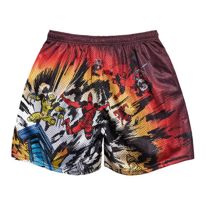 Colorful shorts with comic book-style graphics and 'Deadpool Wolverine' text on a white background