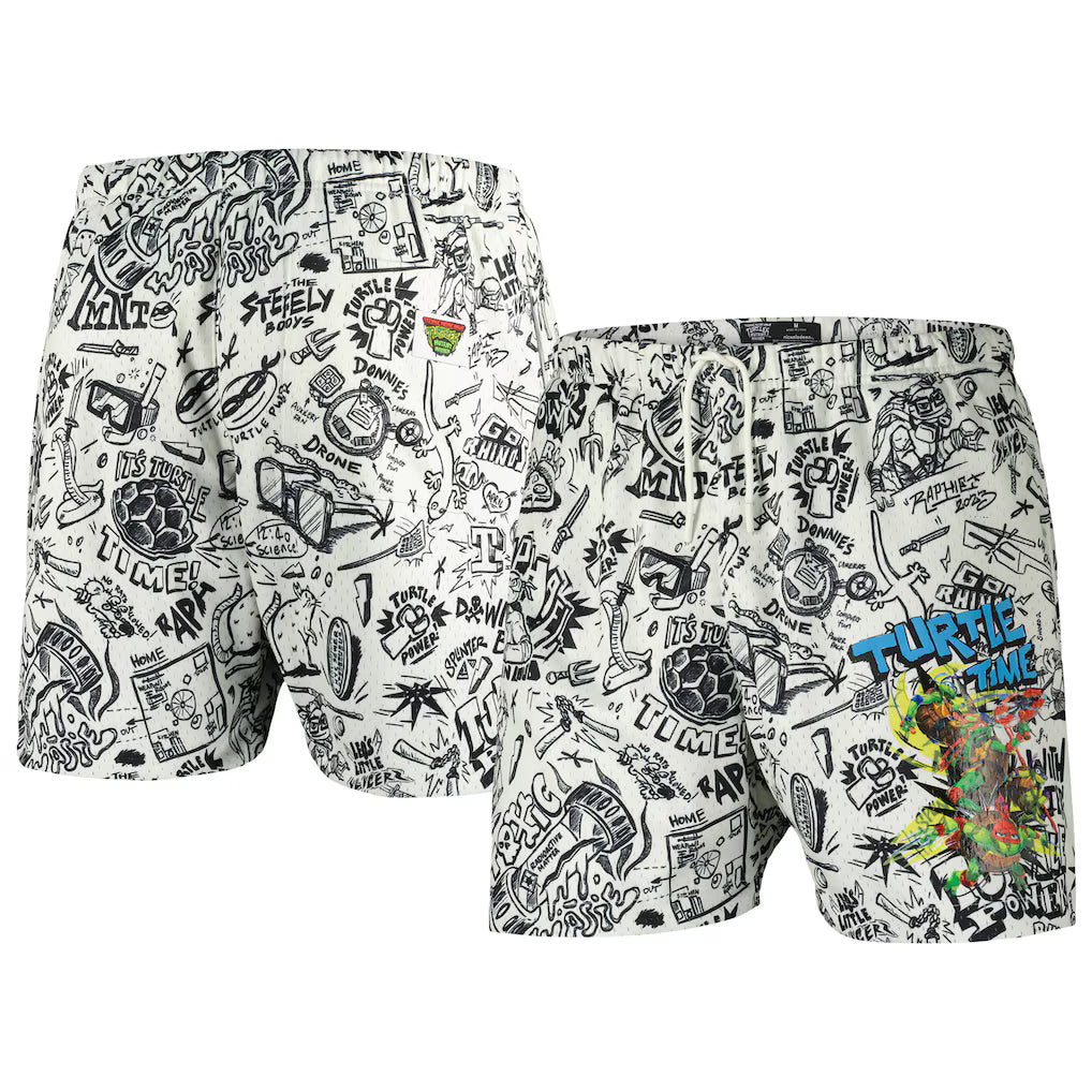 Shorts with a black and white Teenage Mutant Ninja Turtles - Turtle Time Mesh graphic design on mesh shorts and a white background