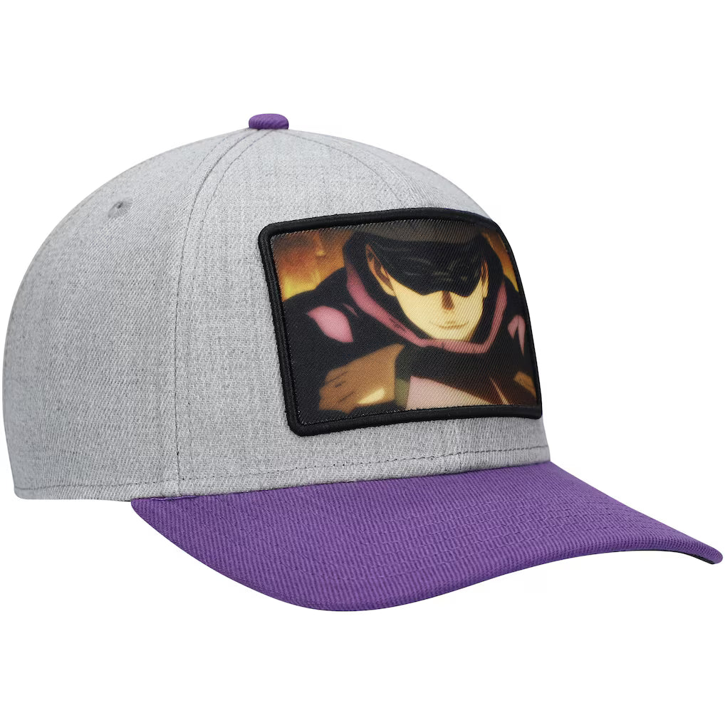 A heather gray and purple baseball cap featuring a rectangular patch on the front with an jujutsu kaisen anime character illustration.