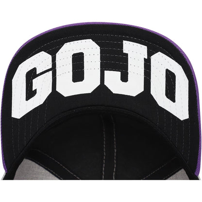 Close-up of a black baseball cap with large white 'GOJO' lettering on the front panel and a purple stitched edge.