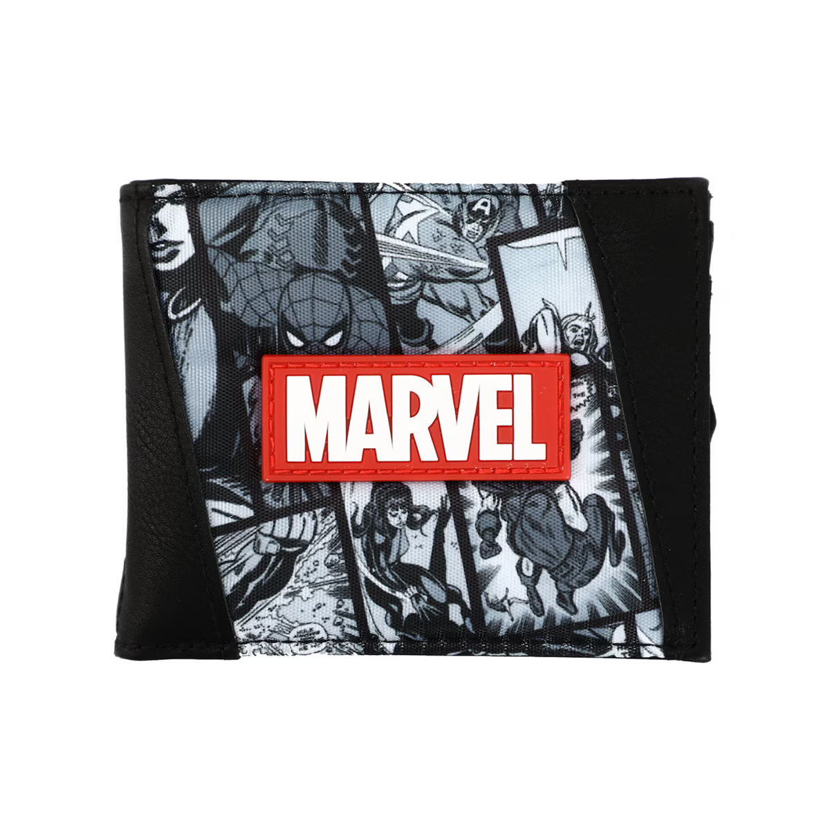 Marvel Comics Black & White Bi-Fold Wallet featuring spider-man, captain america, thor, black widow, and the Hulk comic characters with red marvel logo patch
