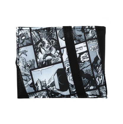 Marvel Comics Black & White Bi-Fold Wallet featuring spider-man, captain america, thor, black widow, and the Hulk comic characters with red marvel logo patch