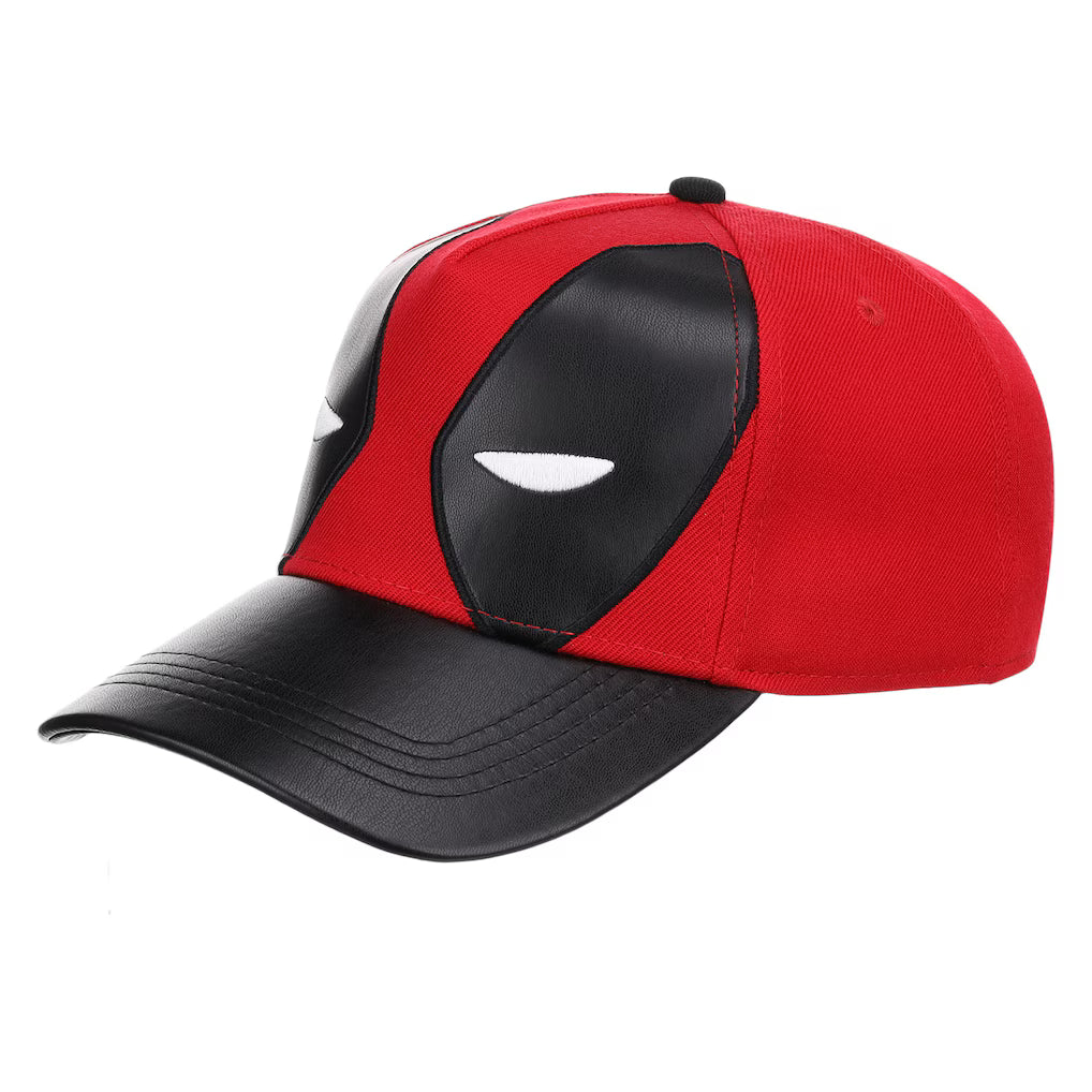 A red and black baseball cap featuring Deadpool's mask design on the front panels, with a black brim and white eye details, shown on a plain white background.