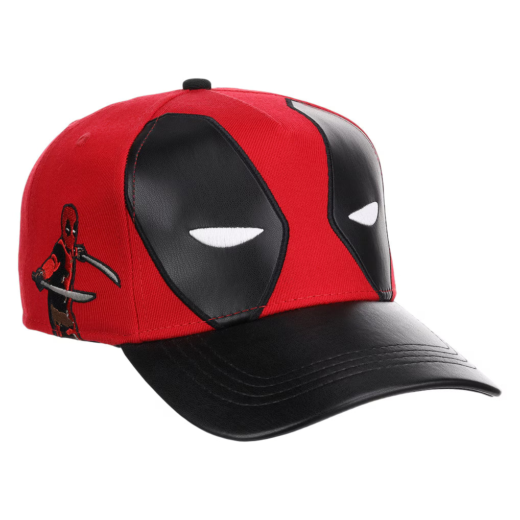 A red and black baseball cap featuring Deadpool's mask design on the front panels and a small Deadpool character graphic on the side, shown on a plain white background.
