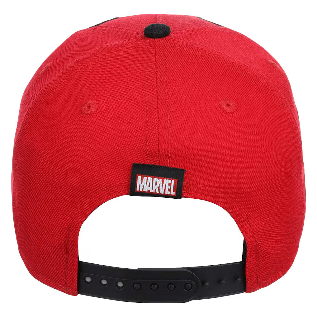 The back of a red Marvel snapback cap, featuring a black adjustable strap and a black rectangular patch with the white and red Marvel logo.