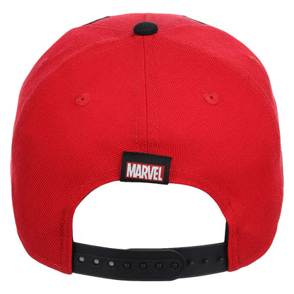 The back of a red Marvel snapback cap, featuring a black adjustable strap and a black rectangular patch with the white and red Marvel logo.