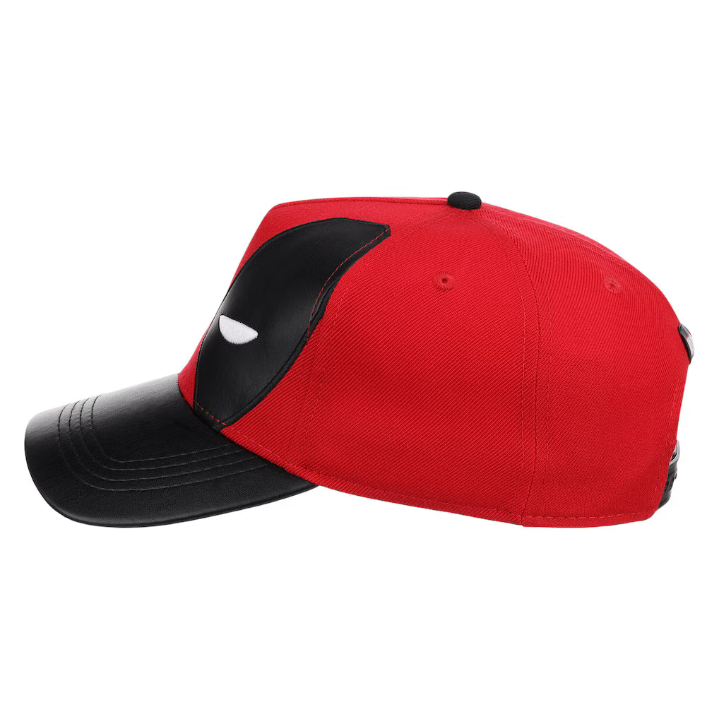 A red and black baseball cap featuring a stylized eye logo on the side, shown from a three-quarters angle against a plain white background.