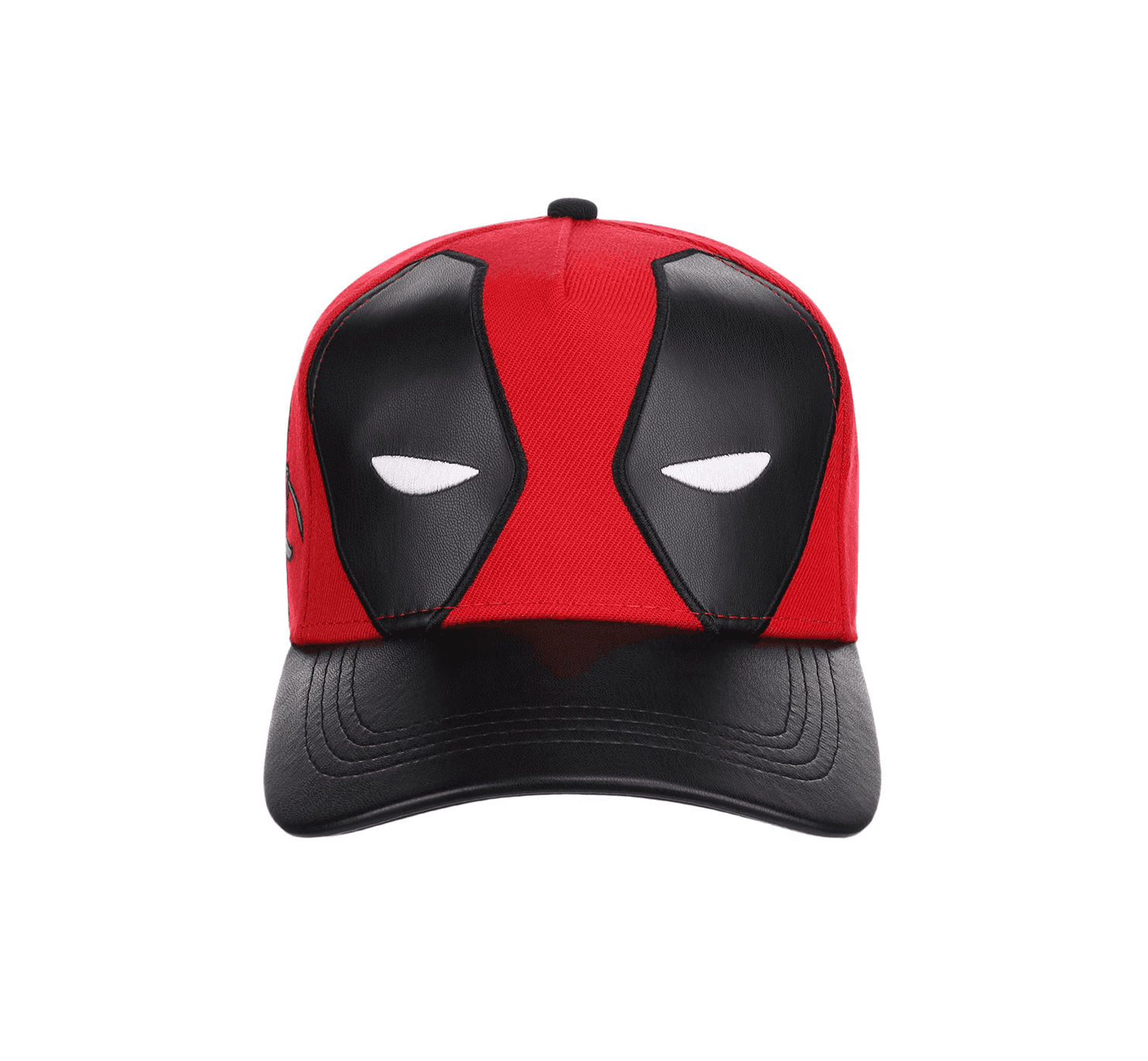 A Deadpool-themed baseball cap featuring a red and black design that mimics his mask, with white eye details, shown against a plain white background.