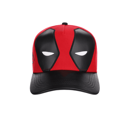 A Deadpool-themed baseball cap featuring a red and black design that mimics his mask, with white eye details, shown against a plain white background.