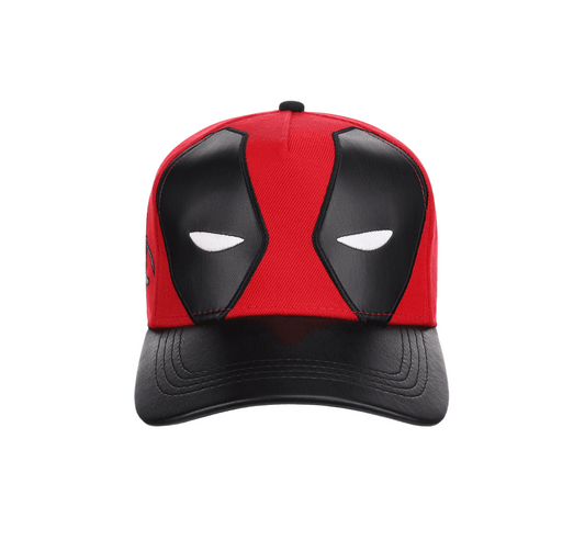 A Deadpool-themed baseball cap featuring a red and black design that mimics his mask, with white eye details, shown against a plain white background.