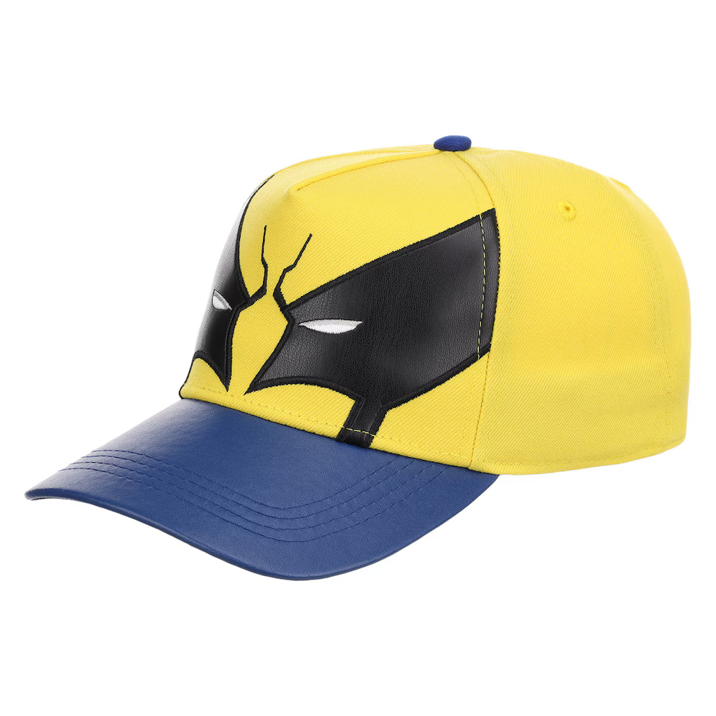 A yellow and blue baseball cap featuring a x-men wolverine black mask design on the front, resembling a superhero wolverine character, shown against a plain white background.