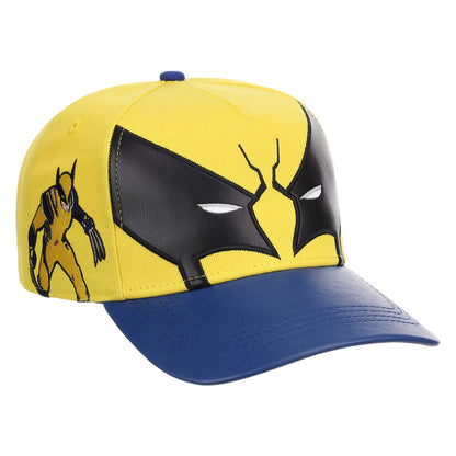 A yellow and blue baseball cap featuring a large black Wolverine mask graphic on the front and a smaller Wolverine character print on the side, shown on a plain white background.