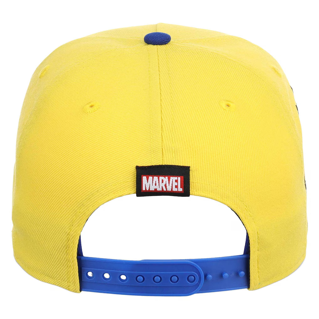 A yellow Marvel baseball cap shown from the back, featuring a blue plastic snapback closure and a black Marvel logo patch on the back.