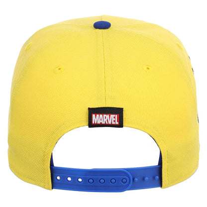 A yellow Marvel baseball cap shown from the back, featuring a blue plastic snapback closure and a black Marvel logo patch on the back.