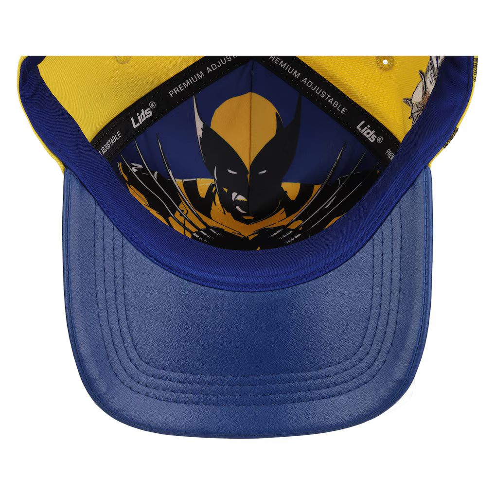 A blue and yellow baseball cap shown from the front, featuring a Wolverine graphic on the inner crown and 'Lids' branding on the adjustable band.