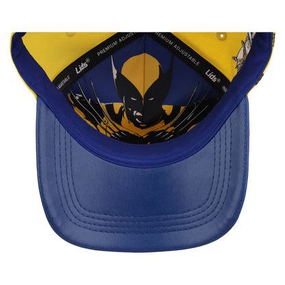 A blue and yellow baseball cap shown from the front, featuring a Wolverine graphic on the inner crown and 'Lids' branding on the adjustable band.