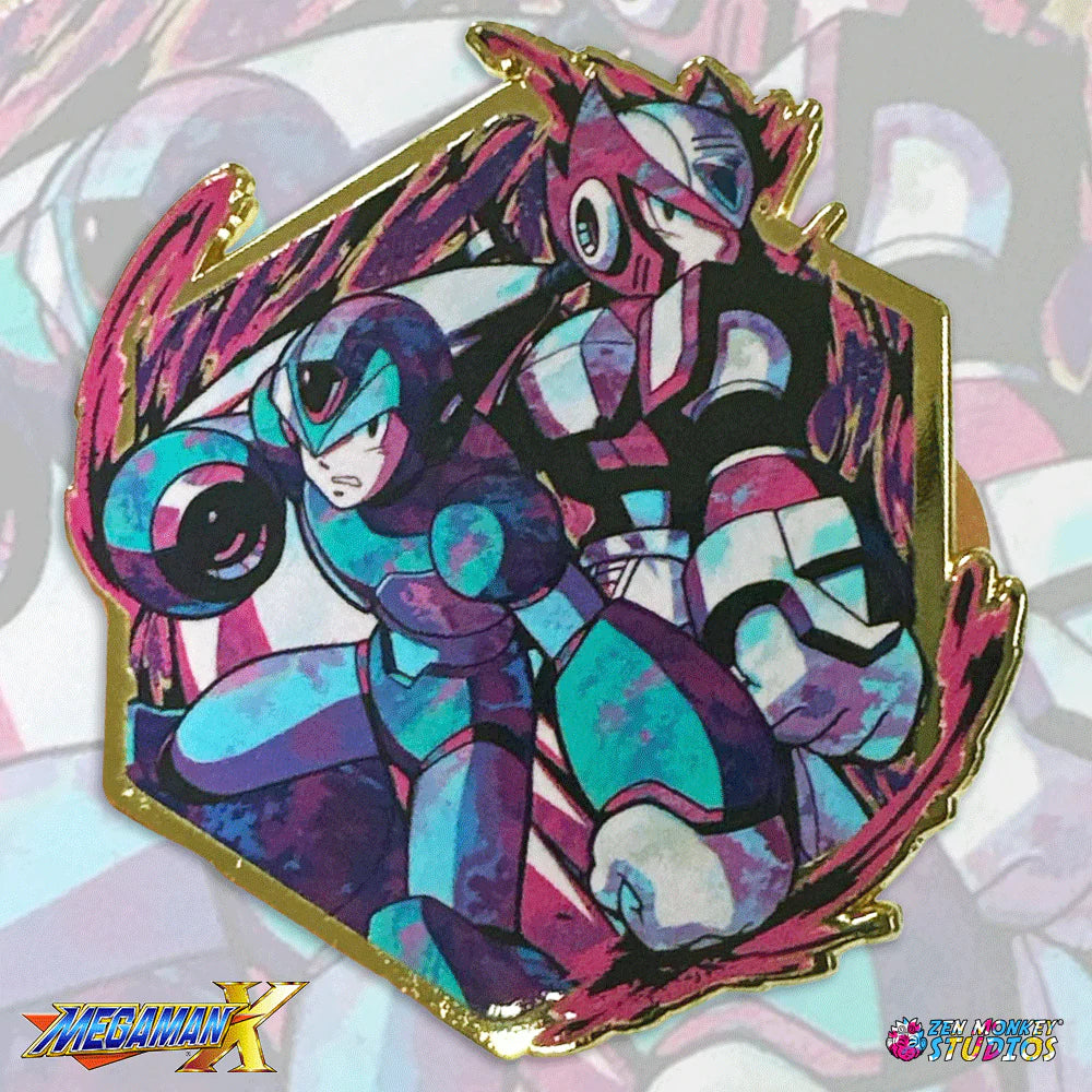 Colorful Megaman X enamel pin on a patterned background