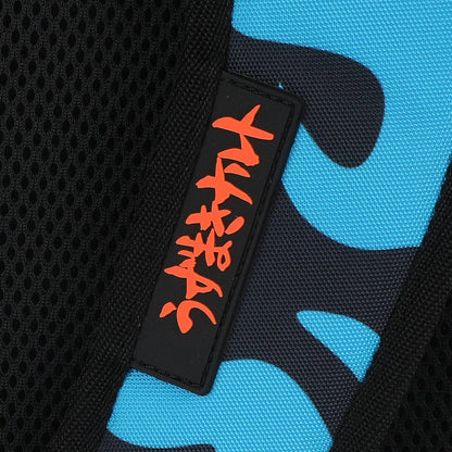 Blue Backpack with Naruto Shippuden anime character design and kanji on a white background