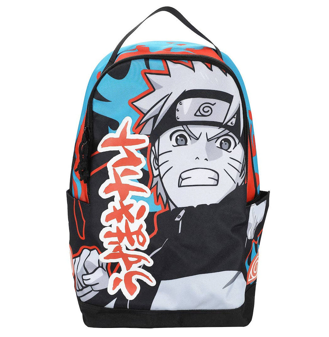 Blue Backpack with Naruto Shippuden anime character design and kanji on a white background