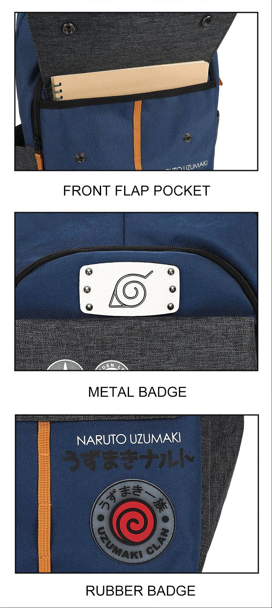Naruto-themed backpack with detailed features on a white background