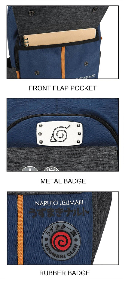Naruto-themed backpack with detailed features on a white background