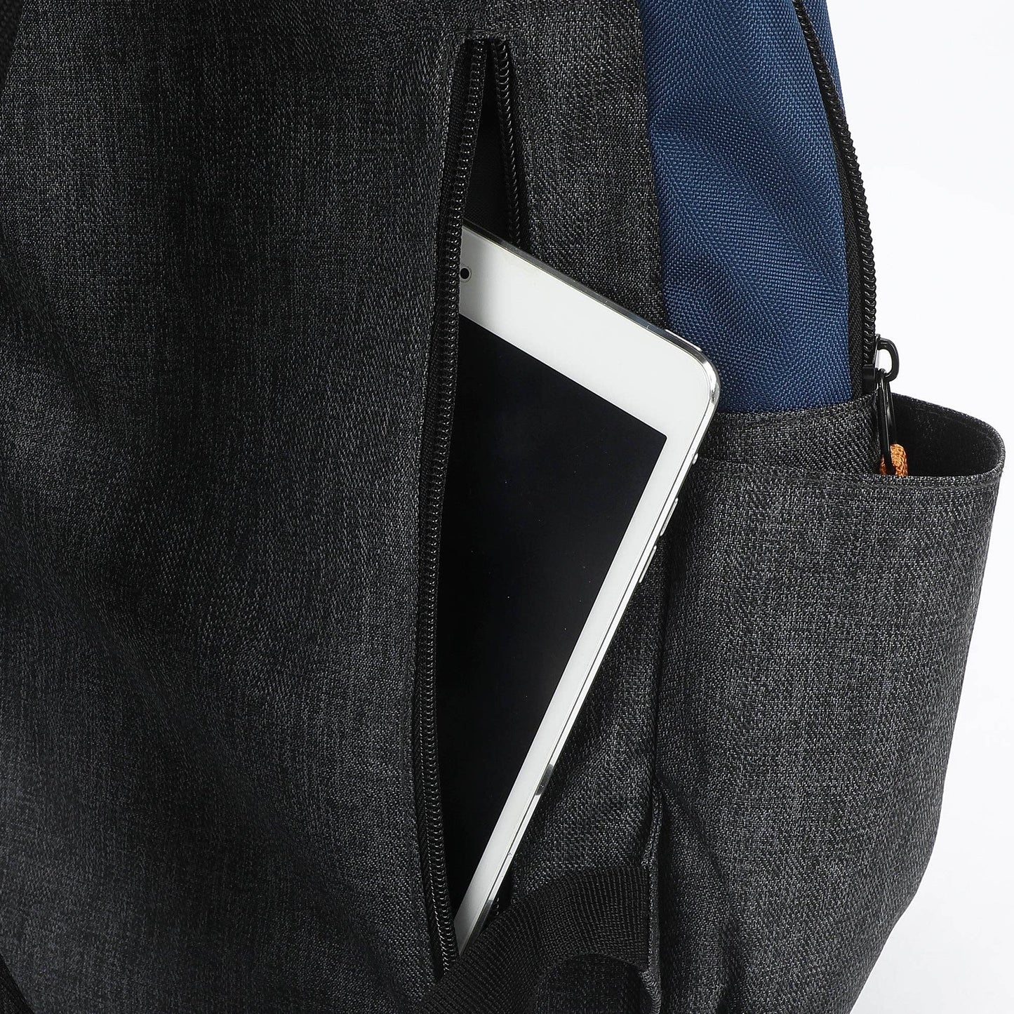Gray backpack with a compartment holding a tablet and blue item on a white background