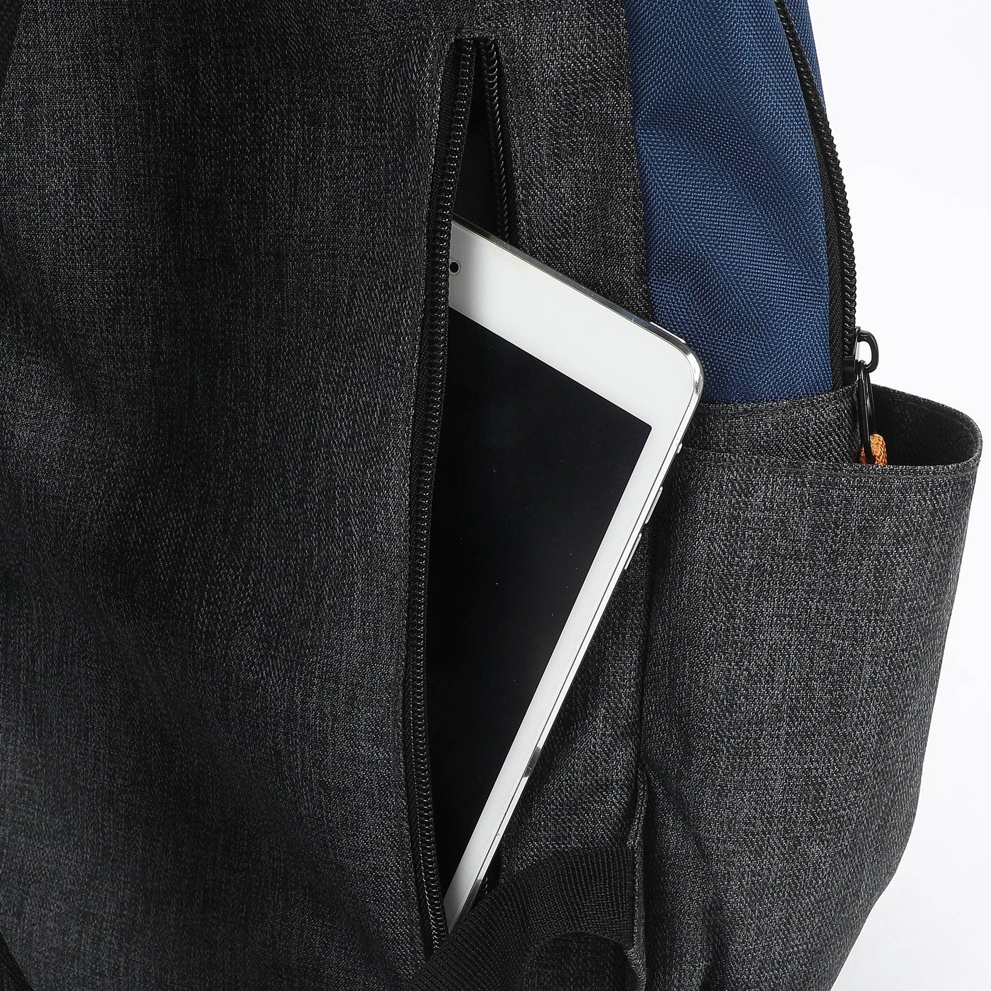 Gray backpack with a compartment holding a tablet and blue item on a white background