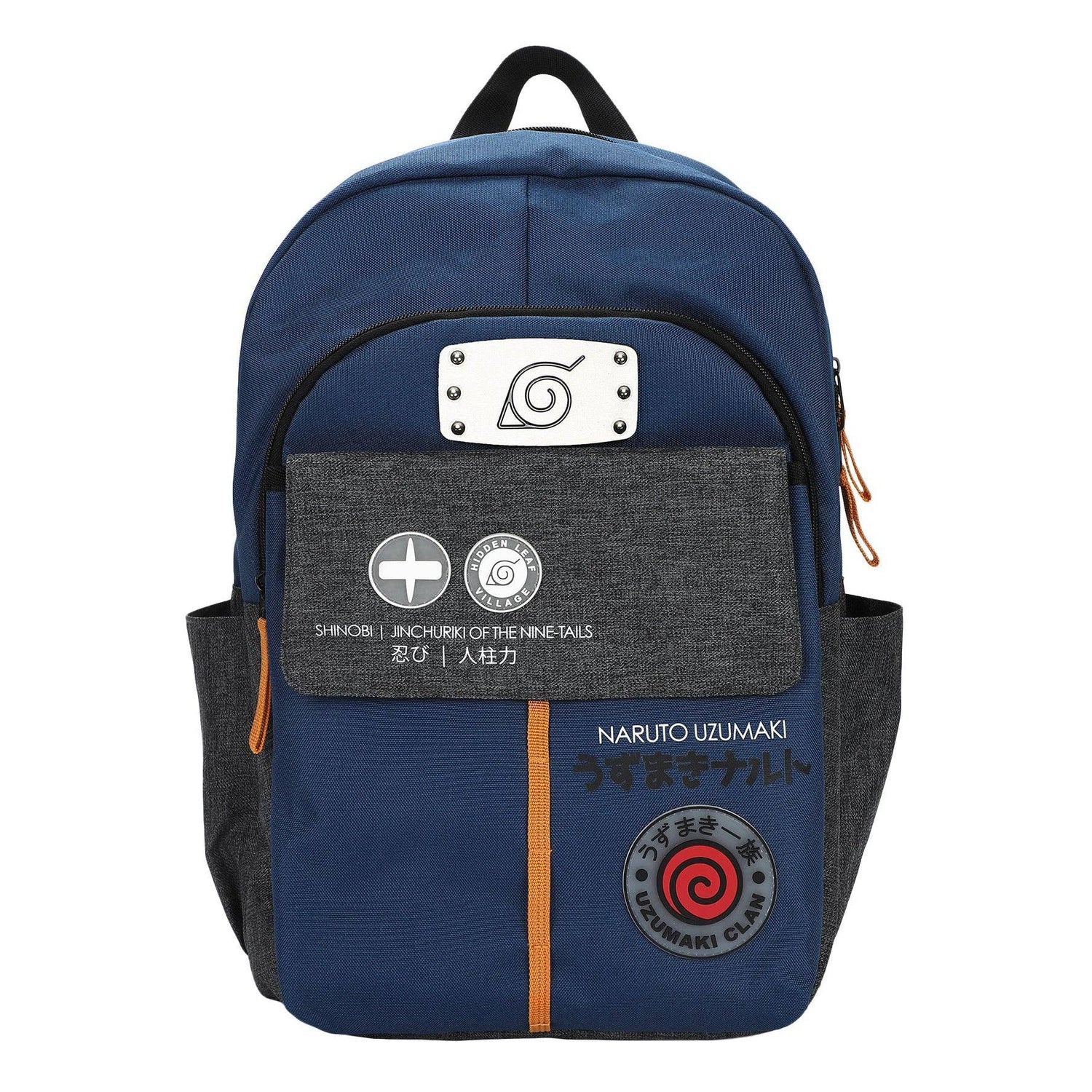 Naruto-themed backpack with character symbols on a white background