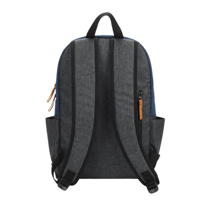 Gray and blue backpack with orange zipper pulls on a white background