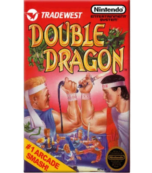 Nintendo Entertainment System game case for Double Dragon, featuring a red cover with large yellow title text and illustrated characters in a martial arts pose, shown against a dark gray background.