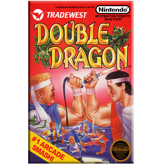 Nintendo Entertainment System game case for Double Dragon, featuring a red cover with large yellow title text and illustrated characters in a martial arts pose, shown against a dark gray background.