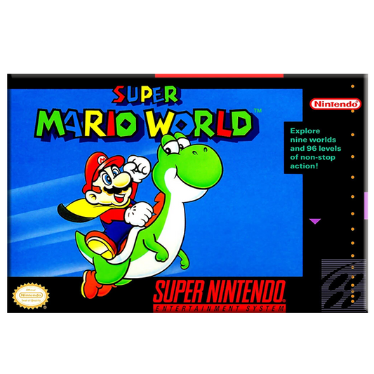 Nintendo Super Mario World video game cover art shown on a retro game console-style frame, featuring Mario riding Yoshi against a bright blue background.