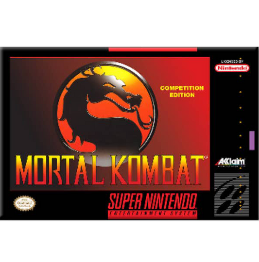 Mortal Kombat Competition Edition Super Nintendo Entertainment System game cover, featuring the black dragon logo on a red and black background with visible Nintendo, Akum, and Super Nintendo branding.
