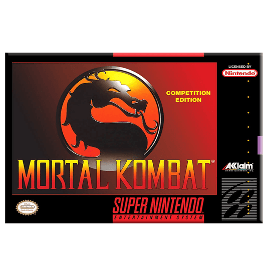 Mortal Kombat Competition Edition Super Nintendo Entertainment System game cover, featuring the black dragon logo on a red and black background with visible Nintendo, Akum, and Super Nintendo branding.