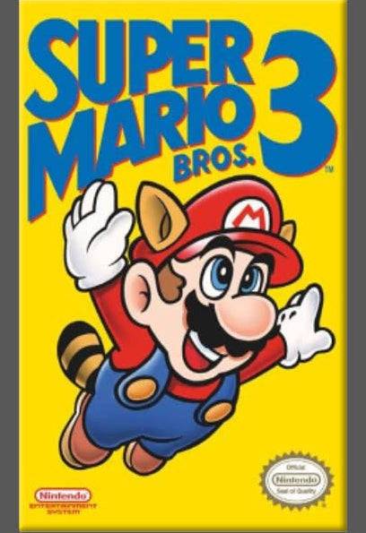 Super Mario Bros. 3 video game box art featuring Mario flying on a bright yellow background, with the Nintendo Entertainment System logo and a Nintendo Seal of Quality visible.