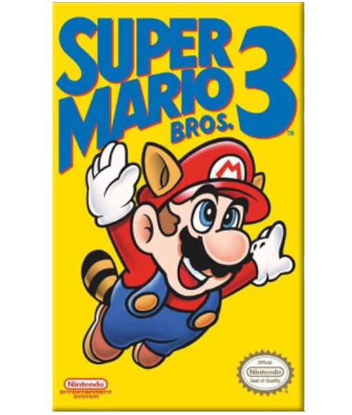 Super Mario Bros. 3 game cover featuring Mario with a cat tail on a bright yellow background, with Nintendo branding and an official seal.