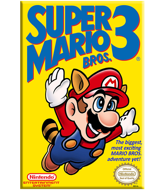 Super Mario Bros. 3 video game box art on a white background, featuring Mario in a raccoon costume with large blue title text and Nintendo branding.