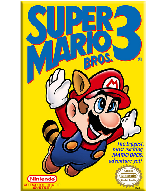 Super Mario Bros. 3 video game box art on a white background, featuring Mario in a raccoon costume with large blue title text and Nintendo branding.