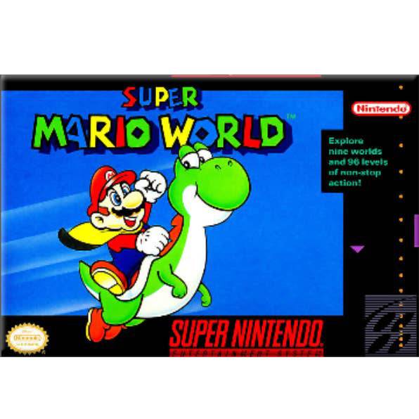 Nintendo Super Mario World video game cover art shown on a retro game console-style frame, featuring Mario riding Yoshi against a bright blue background.