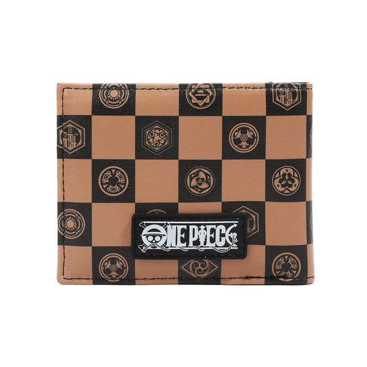 A bi-fold wallet featuring the One Piece skull and crossbones logo on a black background, with a tan and black checkered pattern on the left side.