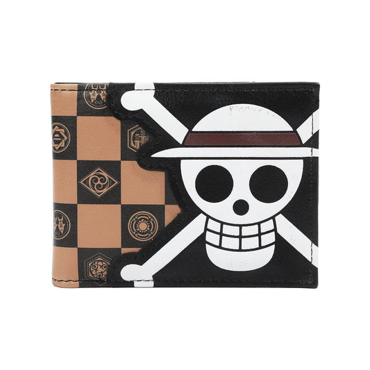 A bi-fold wallet featuring the One Piece skull and crossbones logo on a black background, with a tan and black checkered pattern on the left side.