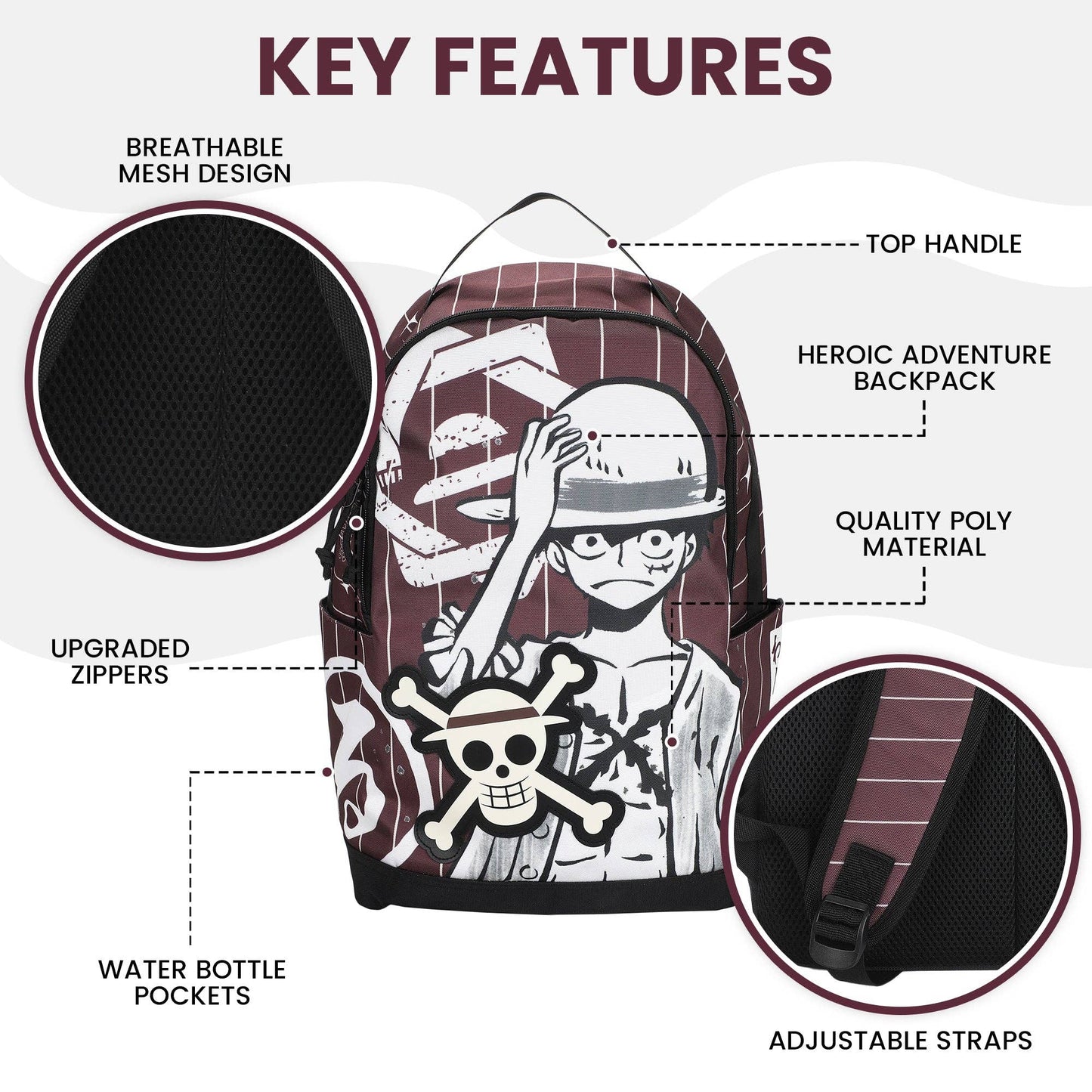 Backpack with One Piece Luffy anime character and skull design on a white background