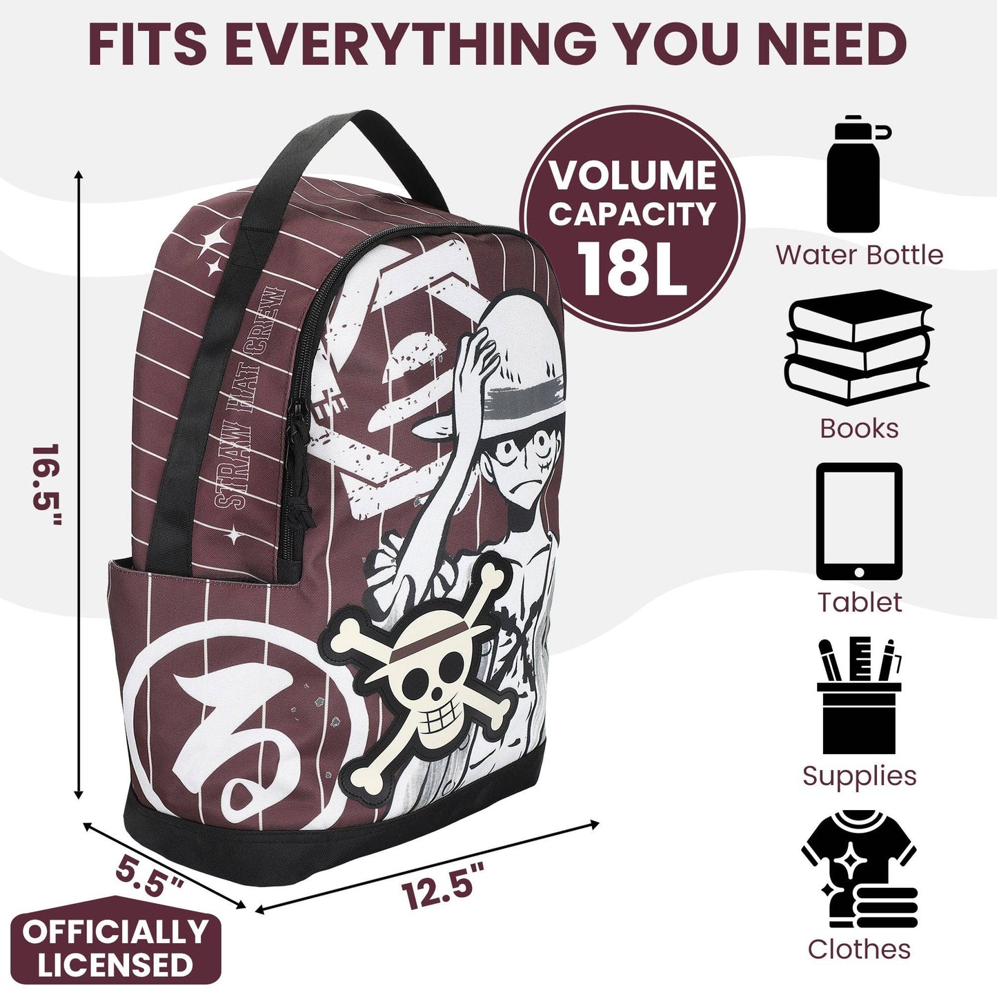 Backpack with One Piece Luffy anime character and skull design on a white background