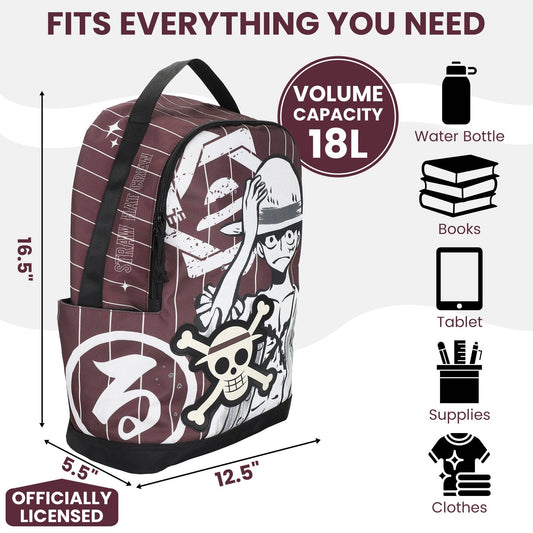 Backpack with One Piece Luffy anime character and skull design on a white background