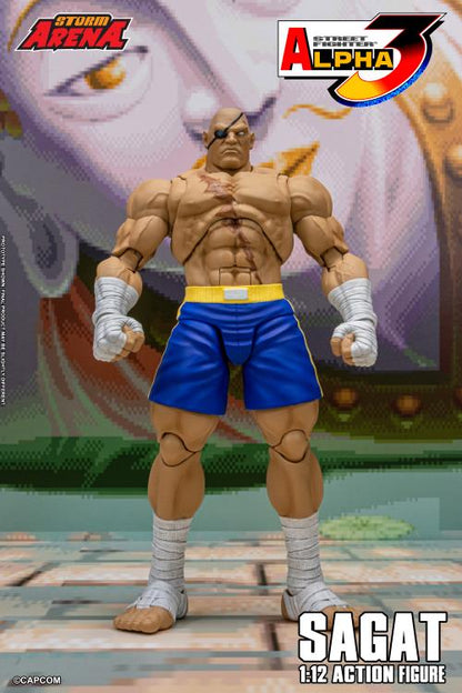 Action figure of Sagat from Street Fighter Alpha 3 with branding in the background