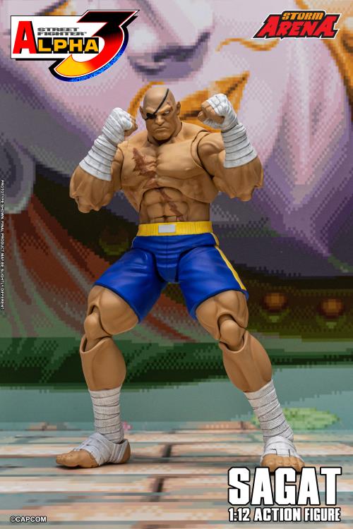 Action figure of Sagat from Street Fighter Alpha 3 with a colorful background
