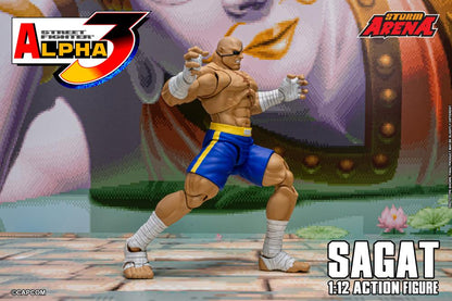 Street Fighter Alpha 3 Sagat action figure with background and branding