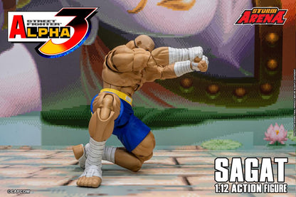 Action figure of Sagat from Street Fighter Alpha 3 with game logo in the background