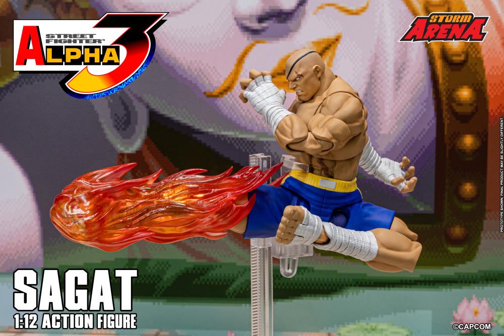 Action figure of Sagat from Street Fighter Alpha 3 with flames in the background