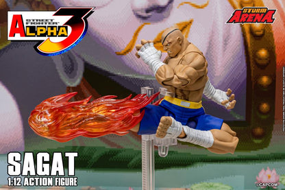 Action figure of Sagat from Street Fighter Alpha 3 with flames in the background